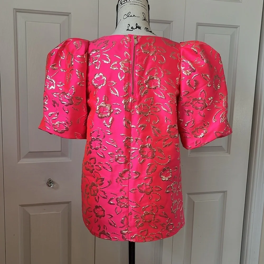 NWT Lilly Pulitzer Pratt Puff sleeve pink gold brocade top Sz XS SM - Picture 9 of 13